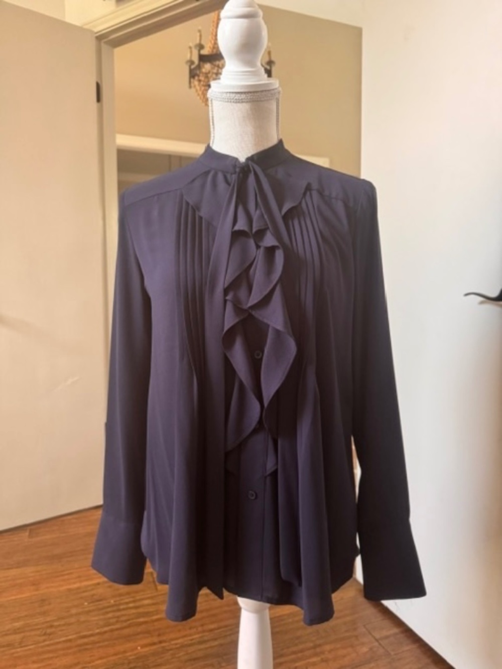 Ann Taylor Dark Navy Blue Ruffle Mock Neck Blouse Size SP